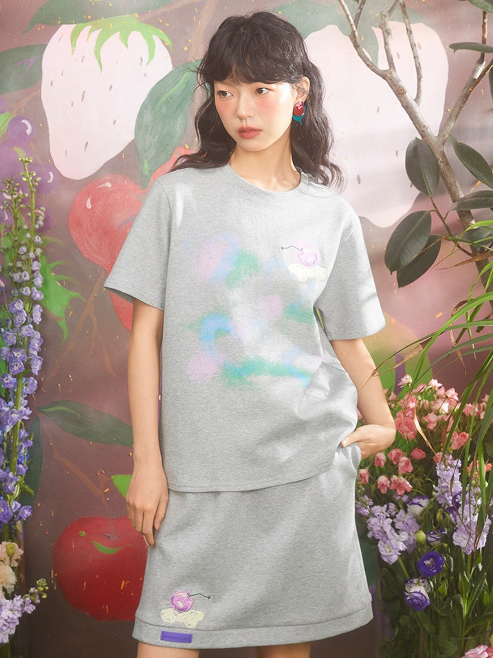 Cherry Embroidery Short Sleeve T-shirt & Sweat Straight Loose Skirt