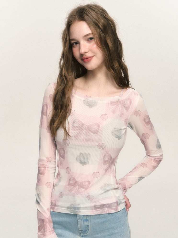 Girly Bow Print Elastic Mesh T-shirt