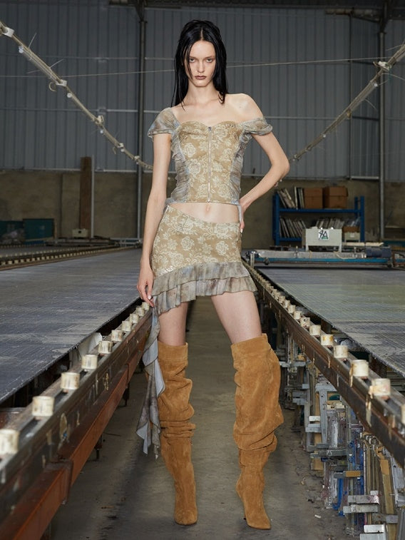 Florale französische Ärmelzip-up-Top & Rammstichrock