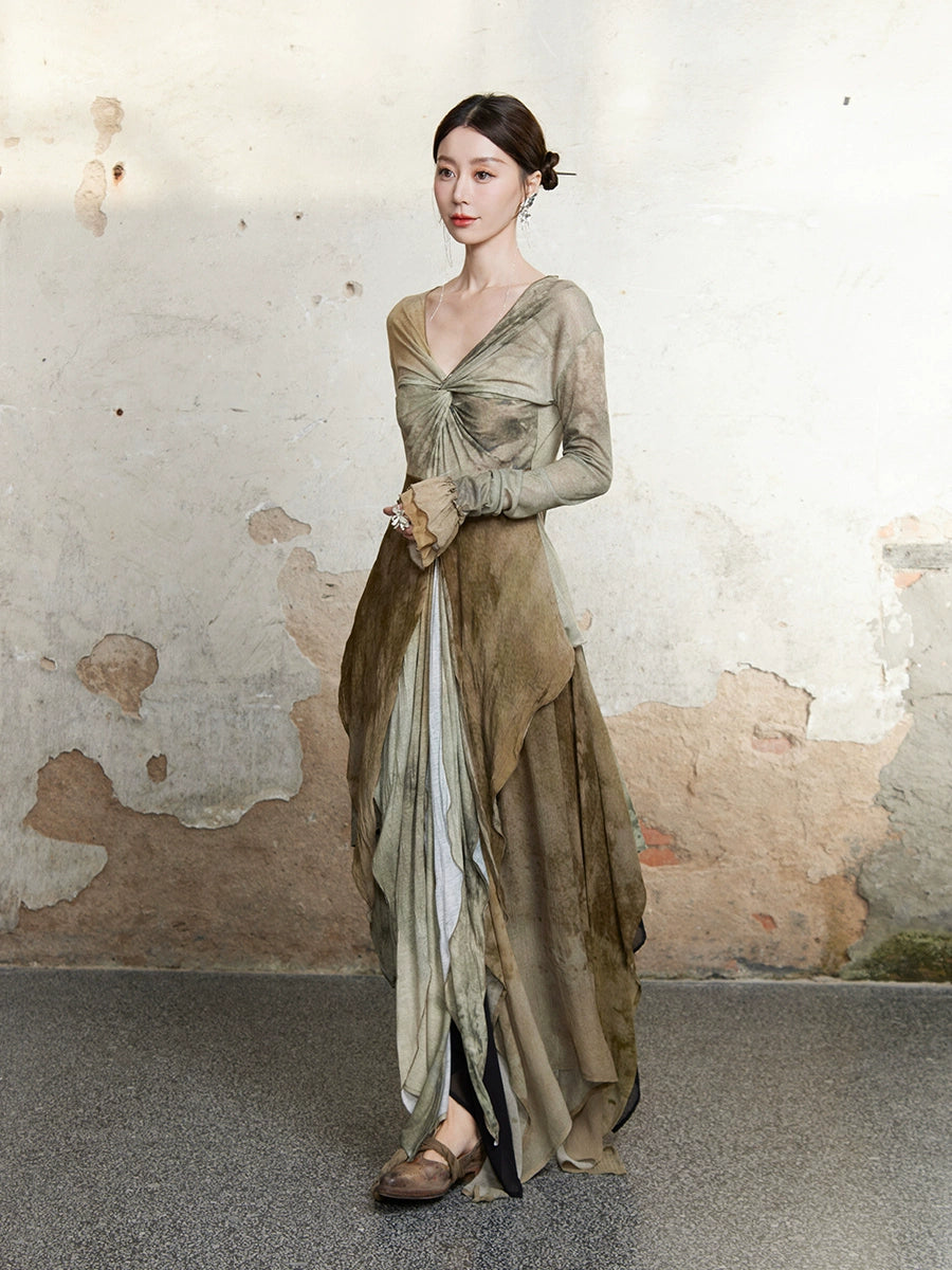 V-Ausschnitt-Twist-Design Langarm Pullover