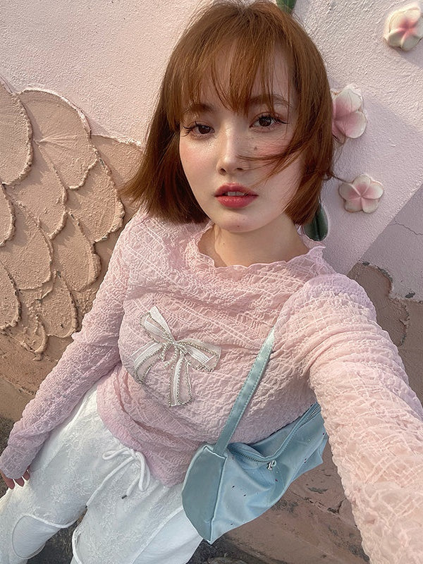 Long-sleeved Wrinkled Hollow Bowknot Bottoming Shirt