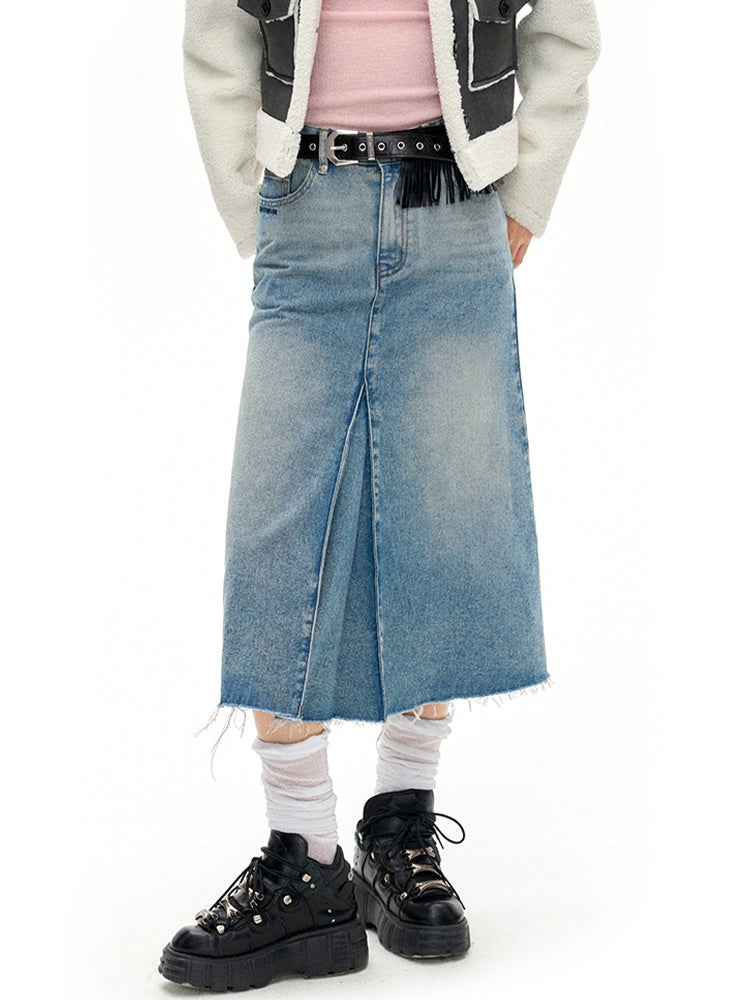 아코디언 밑단 생 가장자리 데님 스커트