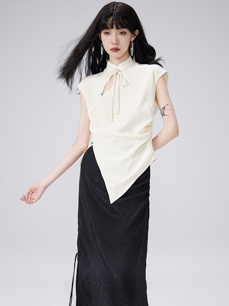 CHINESE DESIGN SLEEVELESS TOP & SLIT LONG SKIRT