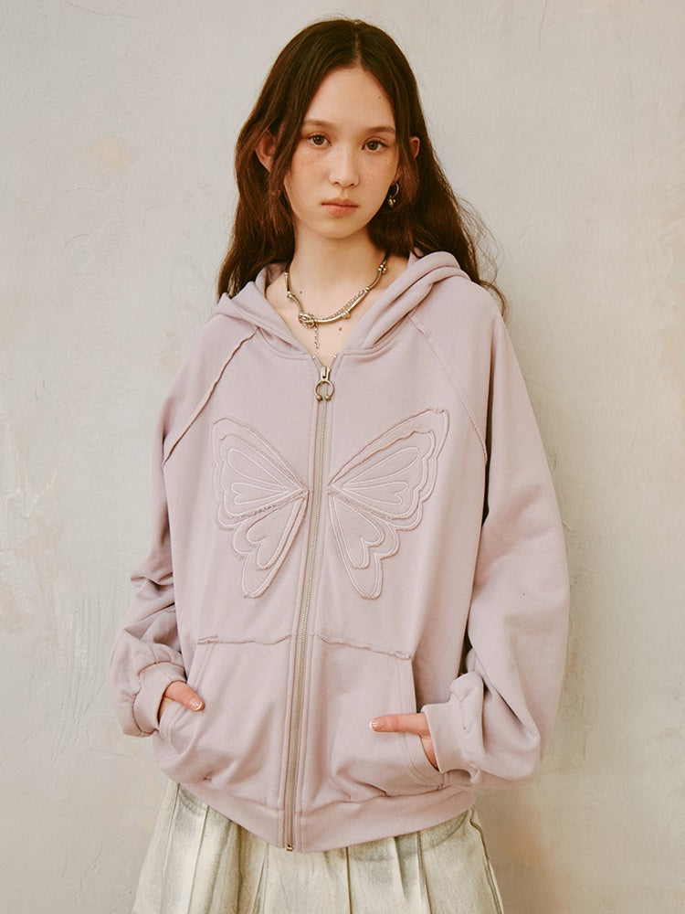 Butterfly Embroidery Loose ZIP-Up Hooded Sweat