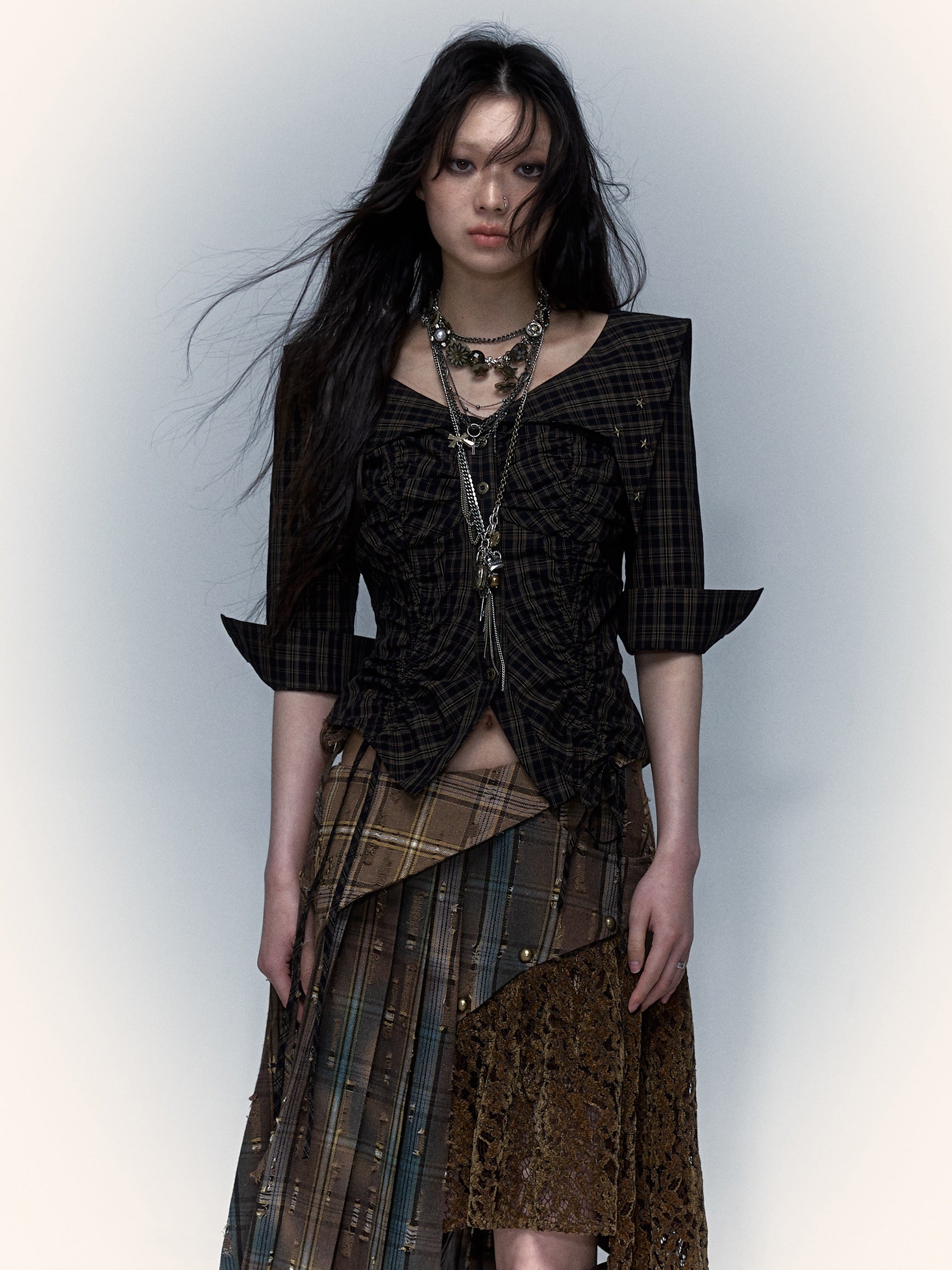 Palace Distressed Pleated Plaid Short Mid-sleeve Shirt