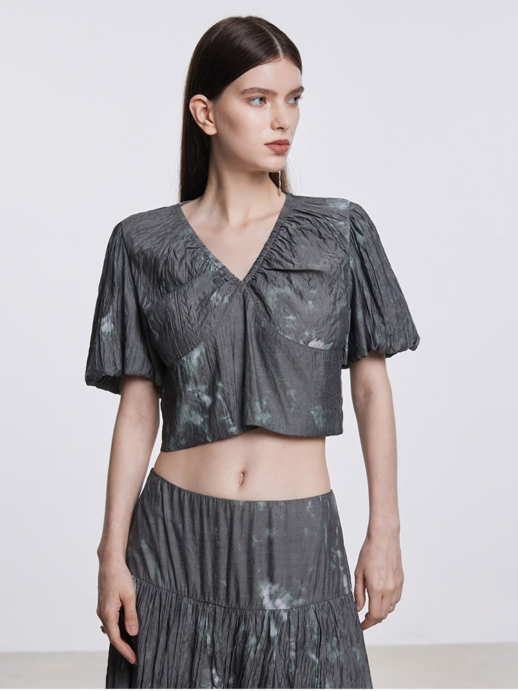 Tie-dye V-Neck Puff Sleeve Top & Gather Long Skirt