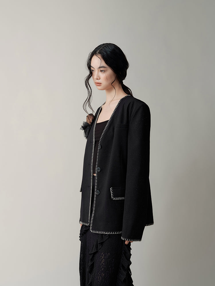 Embroidery Loose V-neck Short Jacket