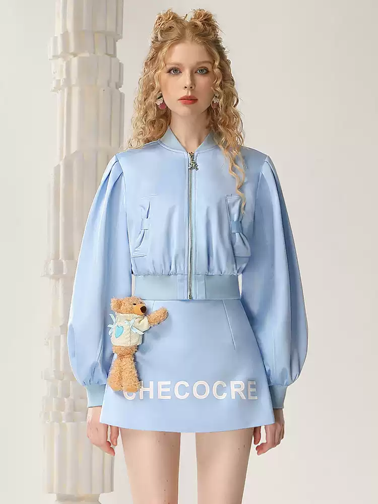 Parka&Mini-Skirt Casual Letter Balloon-Sleeve Set-Up