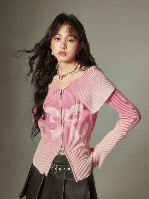 그라데이션 리본 프린트 지퍼 니트 가디건