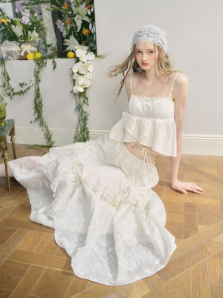 Embroidered Jacquard Ruffled Sling & Asymmetry Skirt