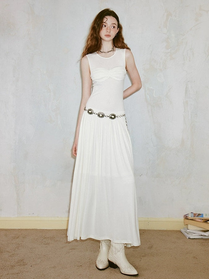 Pleated Draped Sheer Sleeveless Long Dress