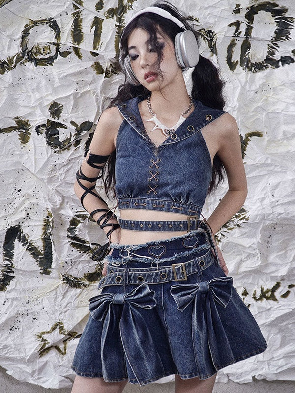 Niche Big Ribbon Flare Denim Skirt