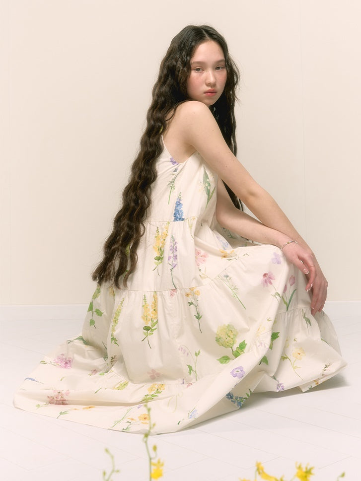 French Retro Girly Print Pleated A-line Halterneck Long Dress