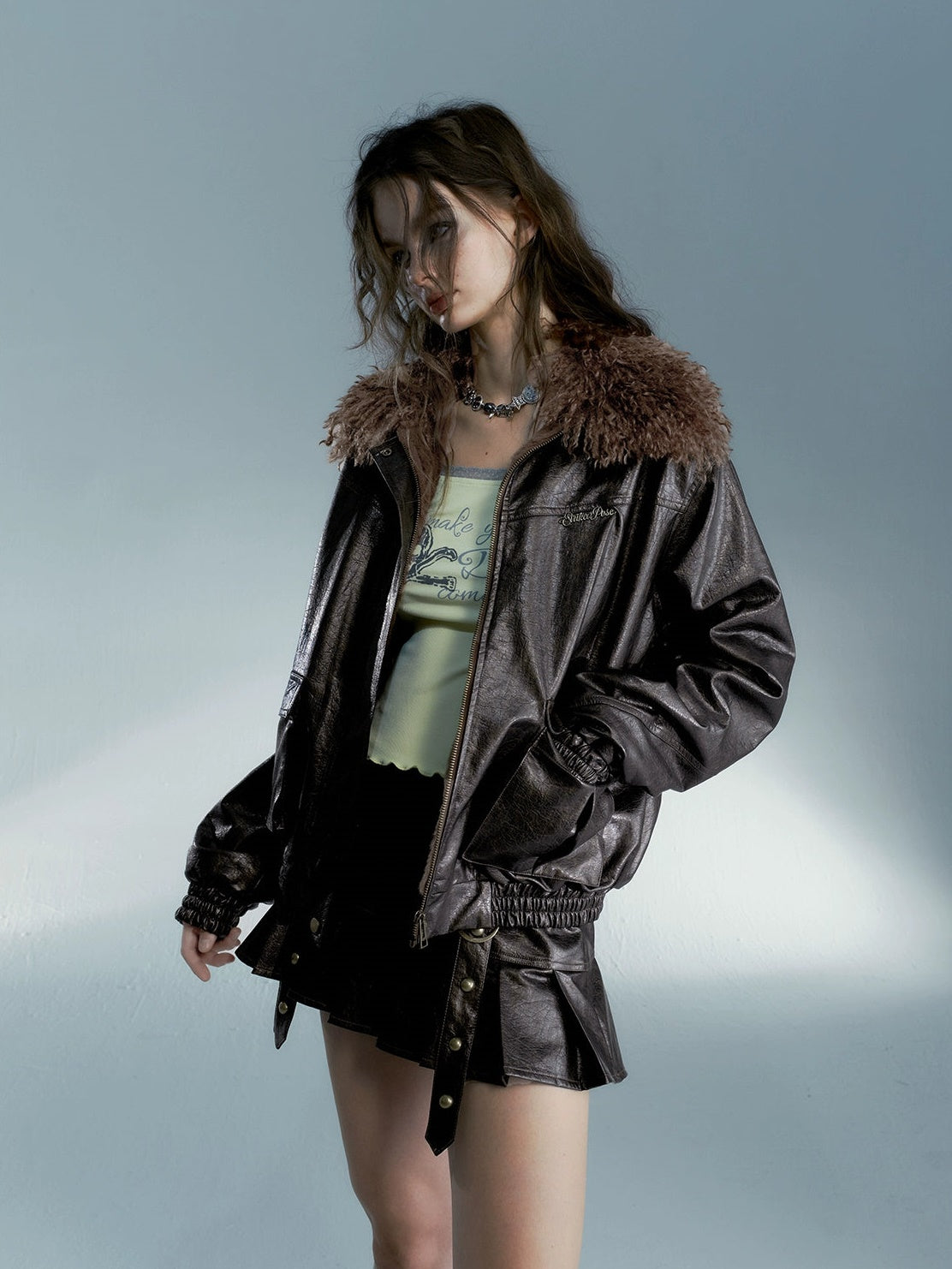 Abnehmbares Plüschkragen lose Lederjacke