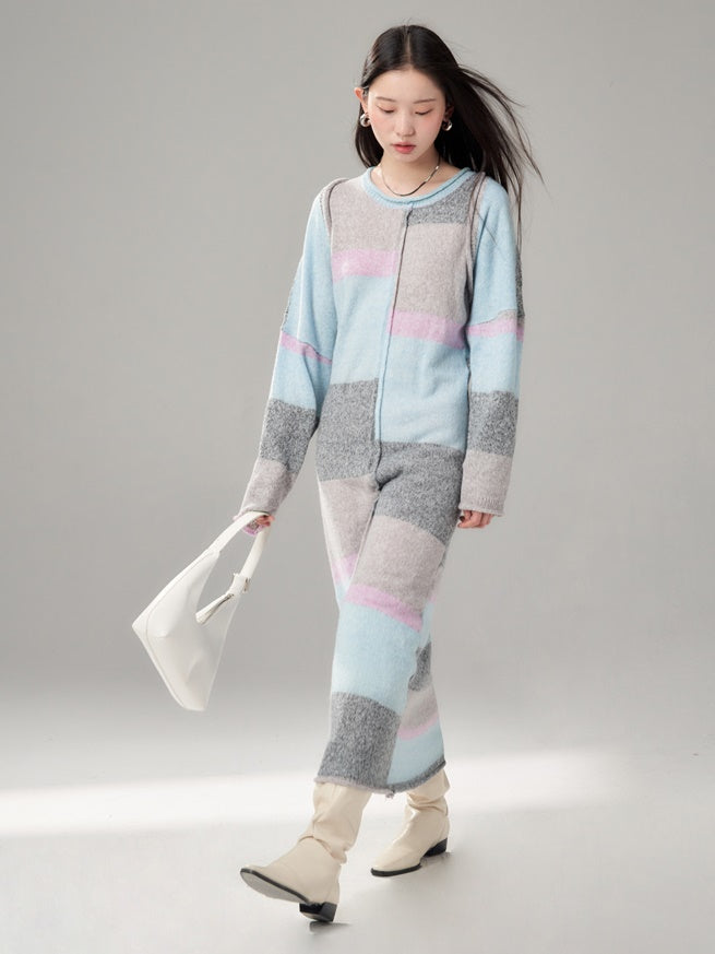 테두리 컬링 니트 짧은 숄 가디건 & 슬리브 벨스 원피스