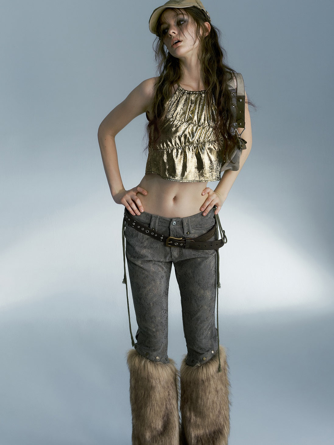 Removable Fur Splicing Snake Pattern Cropped Pants