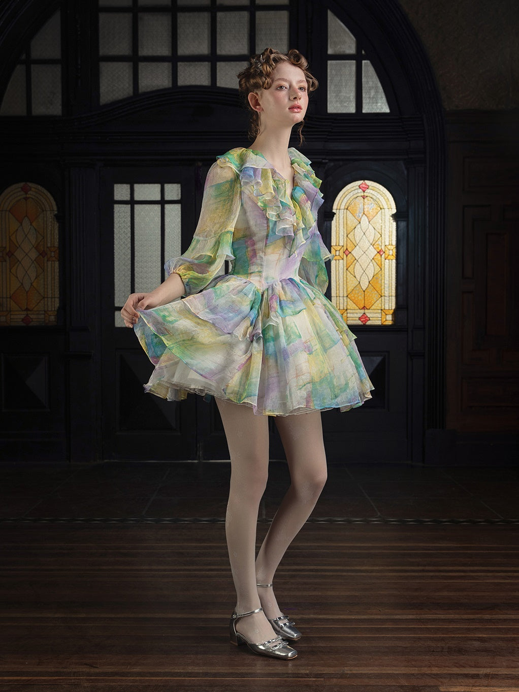 V-neck Frill Short Dress & Pannier