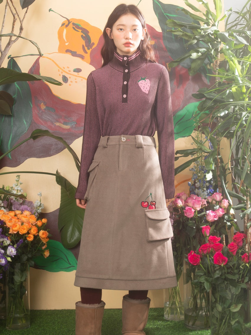 Cherry Embroidered Double Button Coat & Skirt