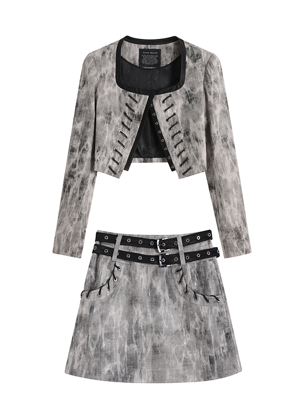 Mottled No Collar Jacket & A-Line Mini Skirt