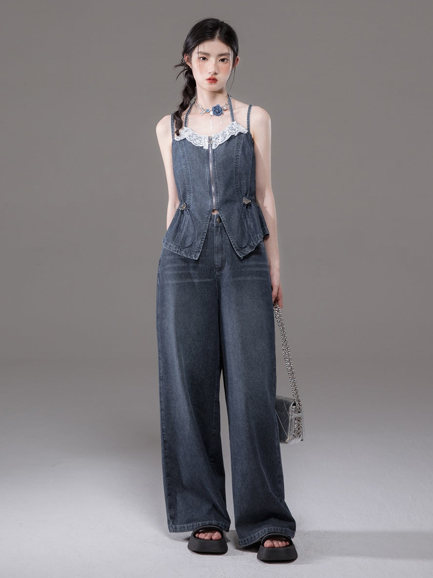 Double Strap Lace Stitch Denim Camisole & Wide-Leg Jeans Set-up