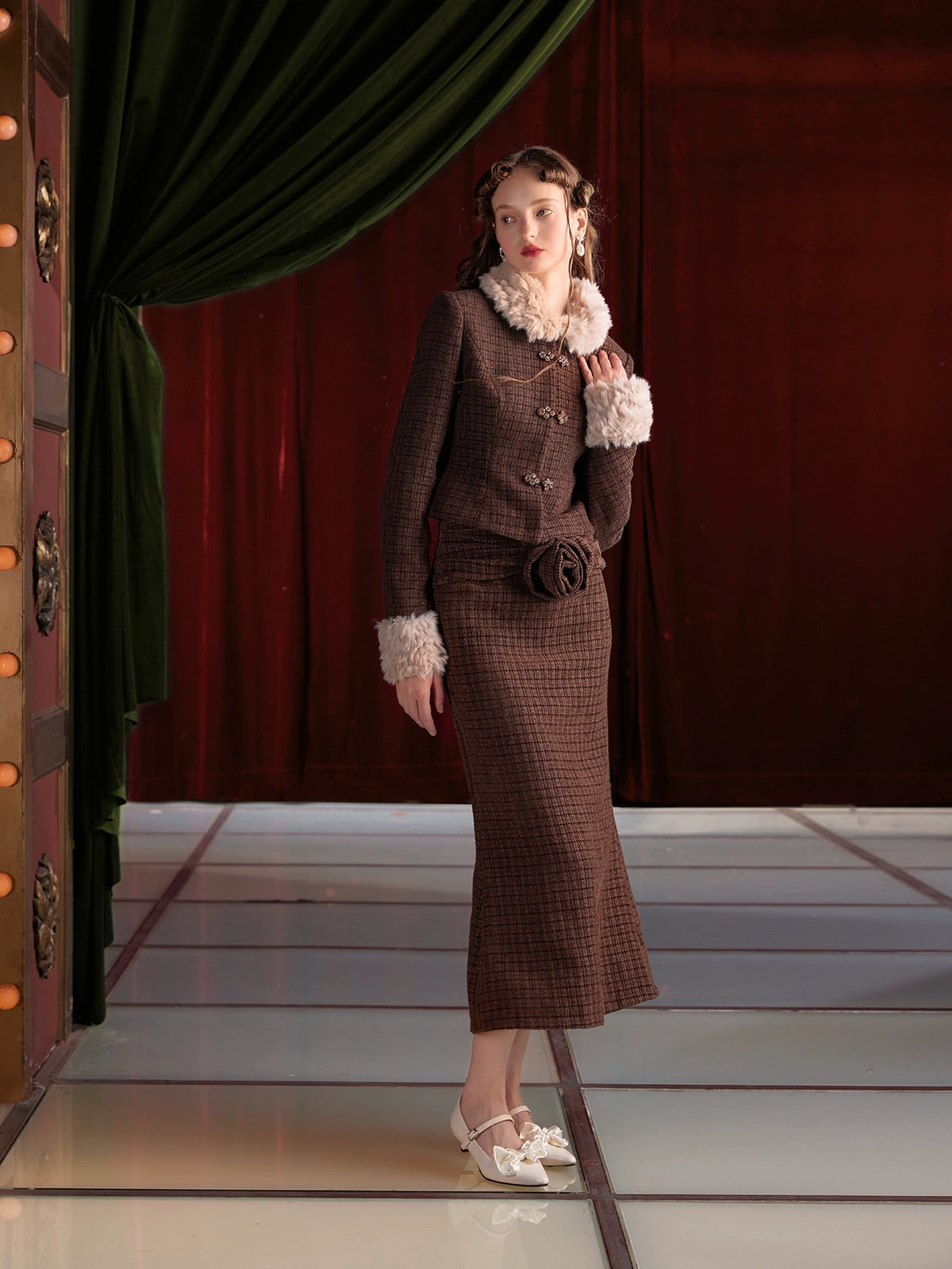 Tweed Style Fur Collar Jacket & Mermaid Skirt