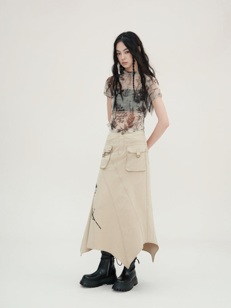 Plant Printing Micro-transparent Mesh T-shirt