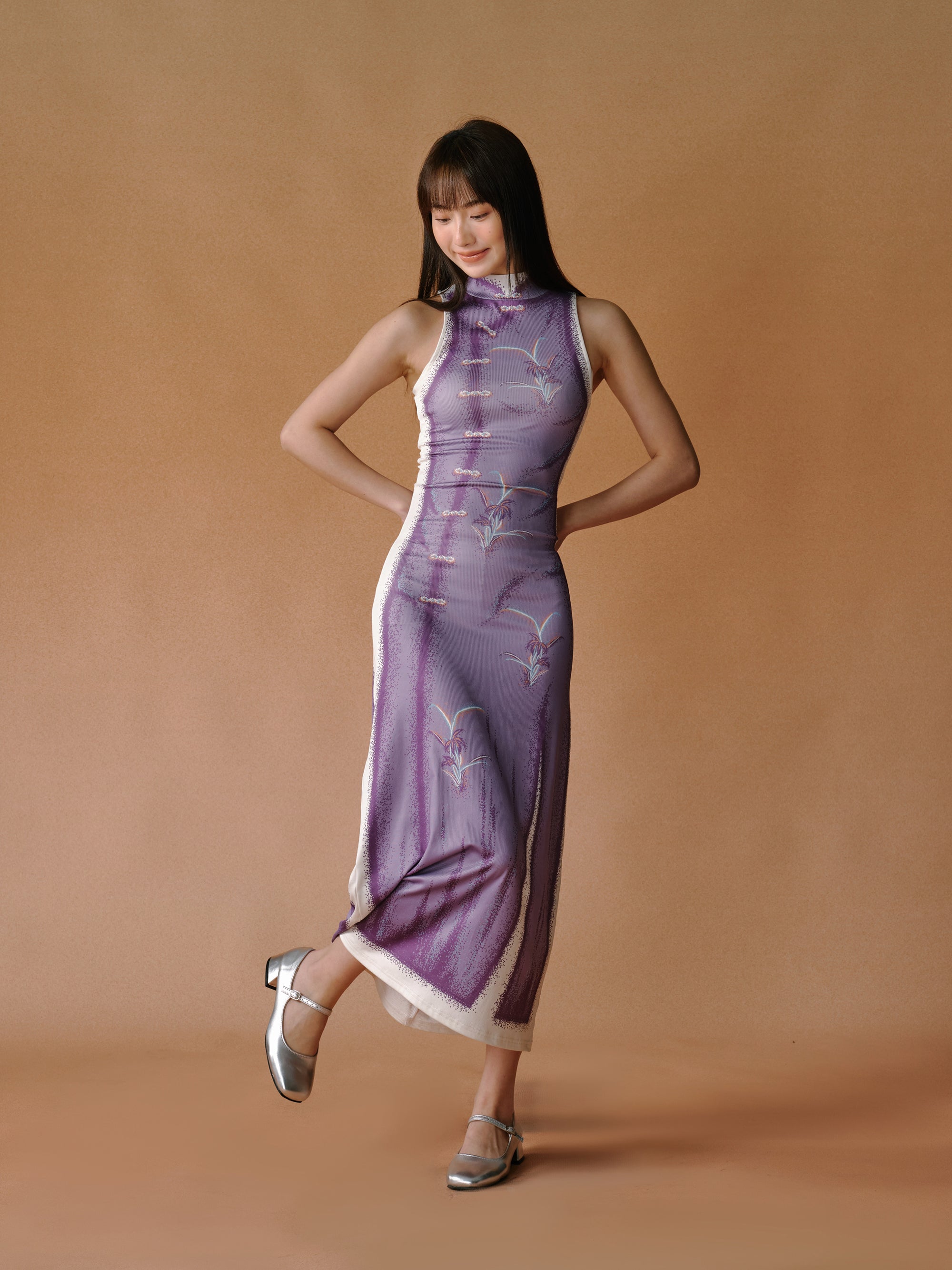 난초 프린트 치즈 샘 드레스