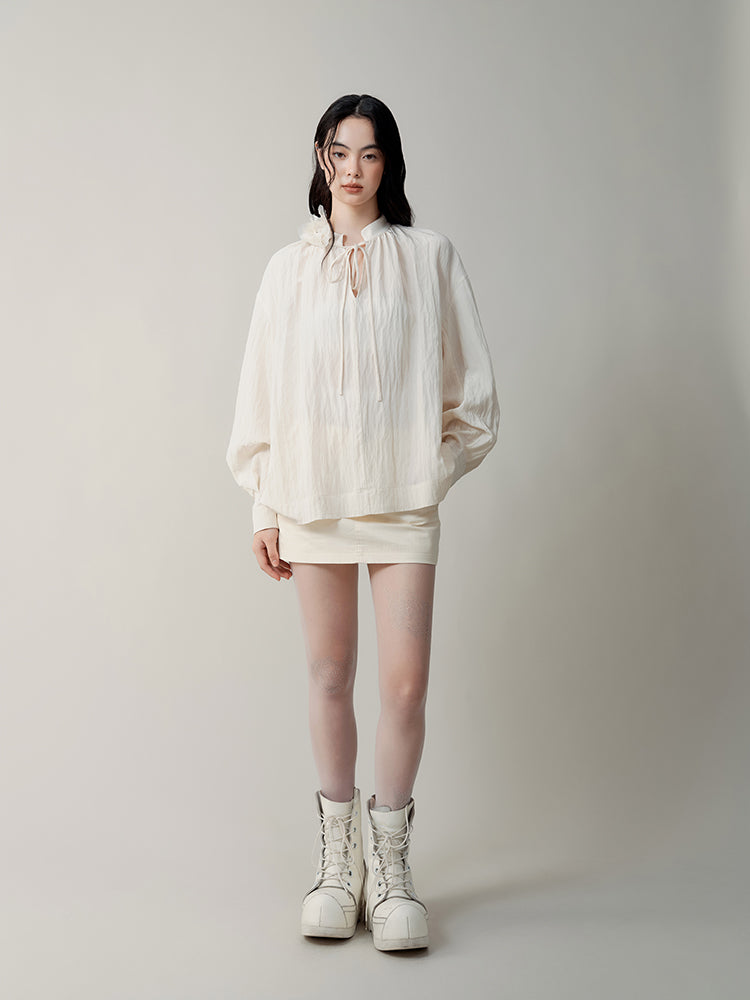 Mist Rose Stand Collar Tie Shirt