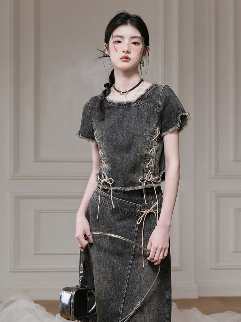 Distressed Washed Denim Lace-Up Top & Wrap Skirt Set-up