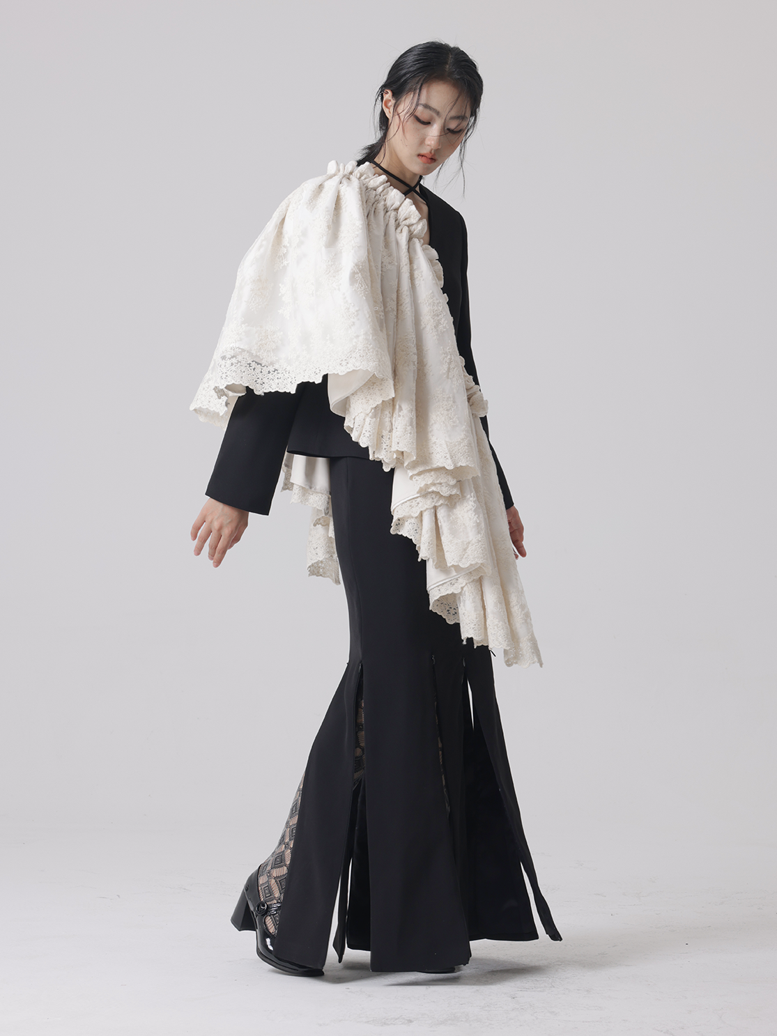 Detachable Lace V-neck Jacket & Slit Skirt