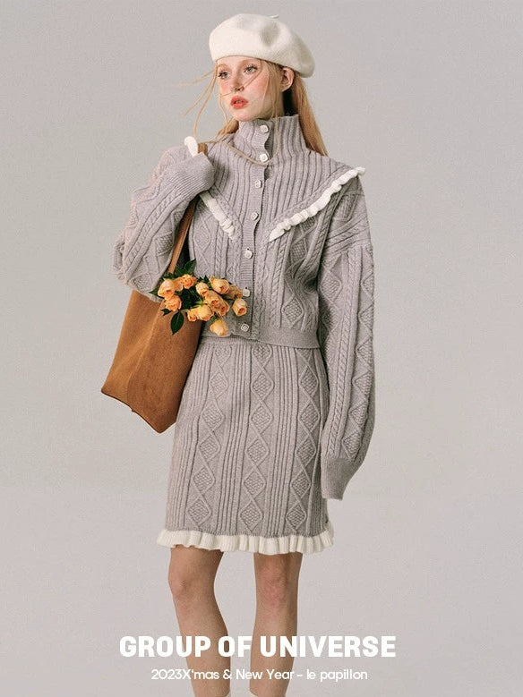 Hoher Hals gehäkelt Holzohr Strickjacke & Rock