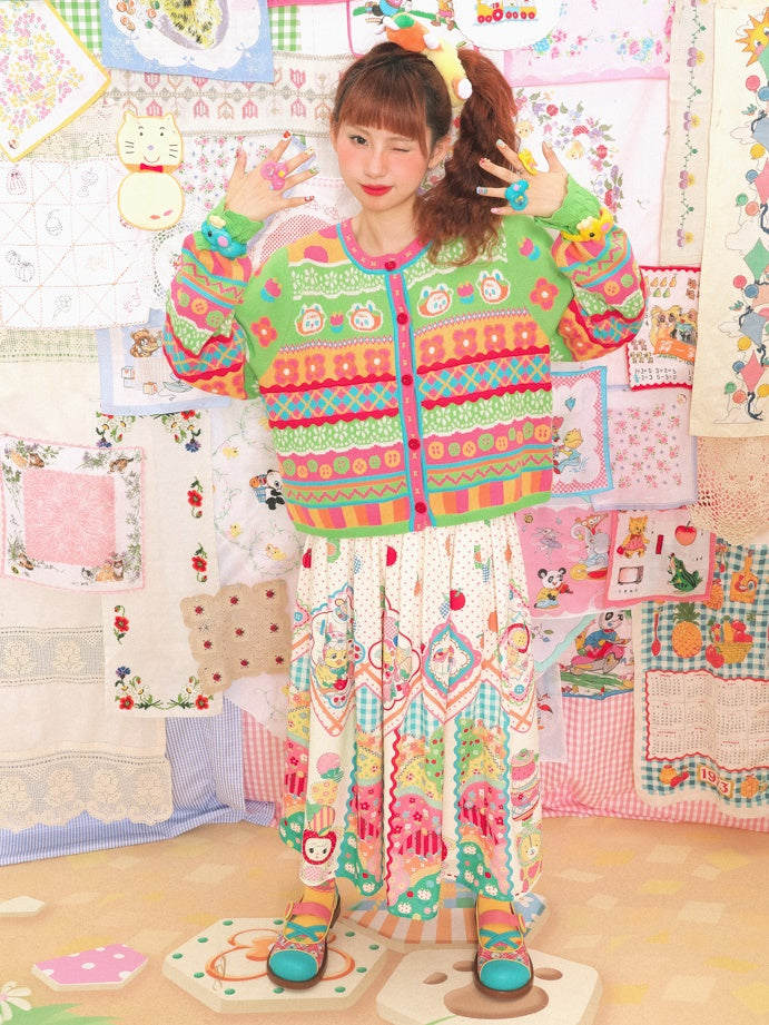 스트라이프 버니 체크 라운드 넥 니트 가디건