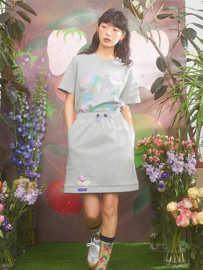 Cherry Embroidery Short Sleeve T-shirt & Sweat Straight Loose Skirt