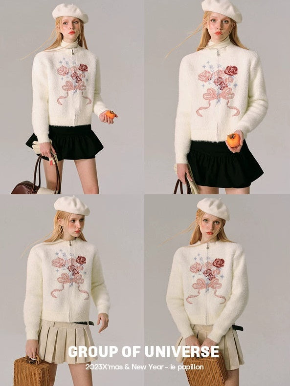 Jacquard Rose Bow Blipper Tripted Cardigan