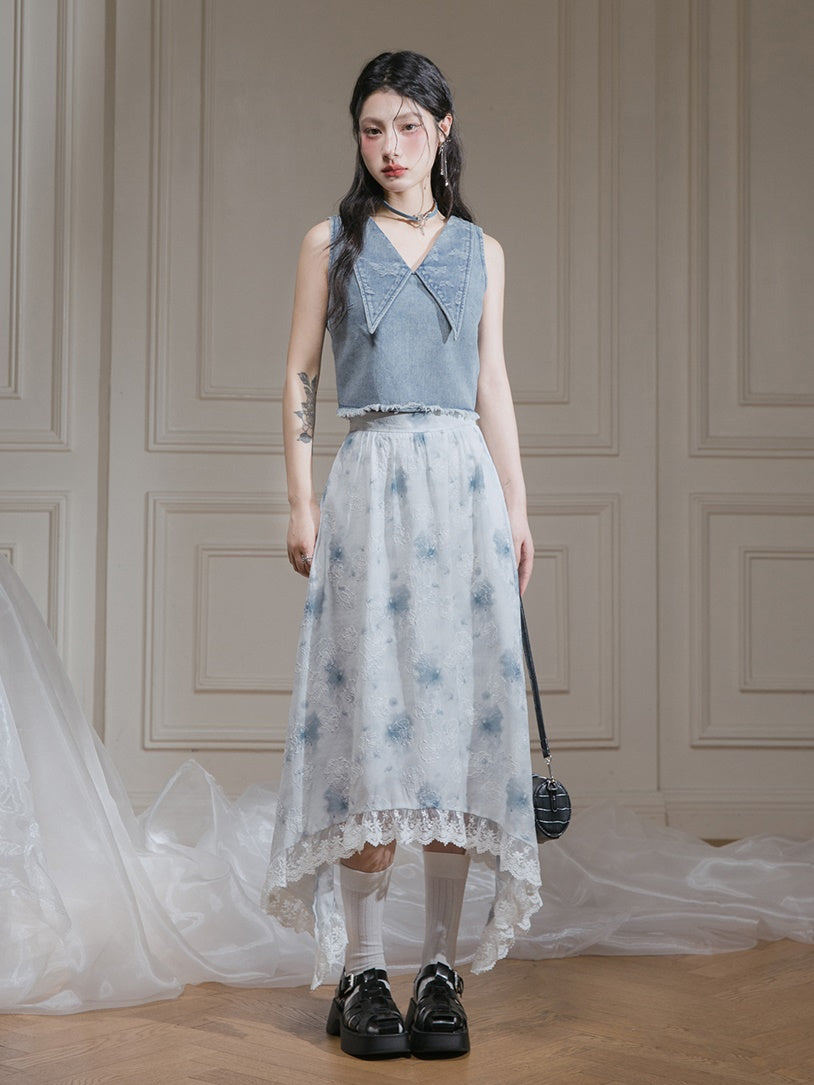 Rose Ink Printed Lace Sleeveless Top & Irregular Hem Skirt Set-up