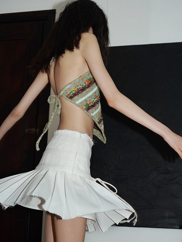 Raw Edge Design Pleated Skirt