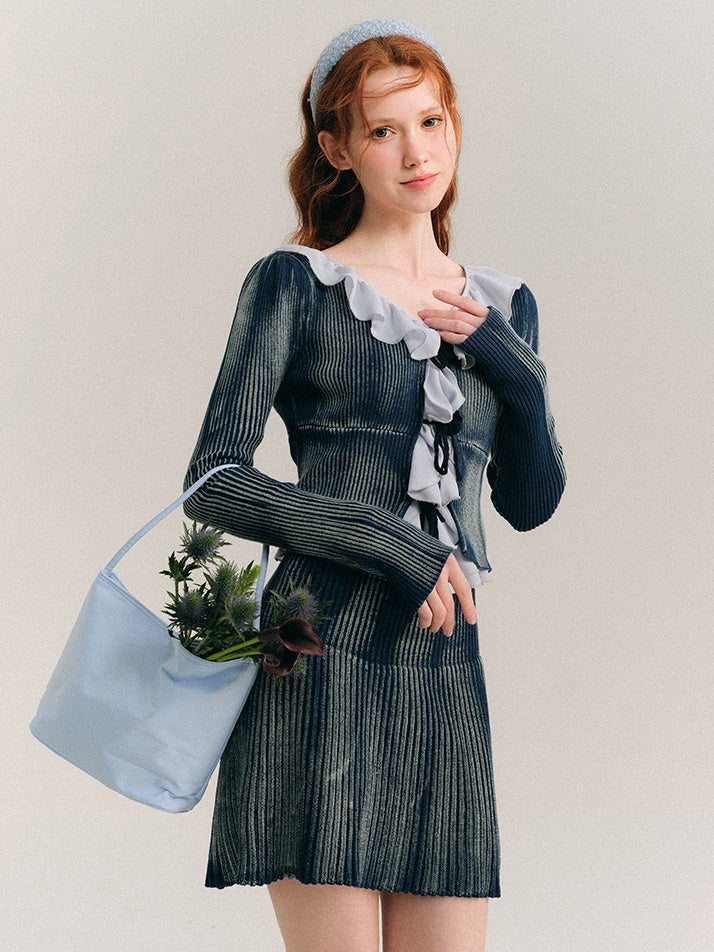Washed Tie-dye Lace-up Knitted Cardigan & Skirt