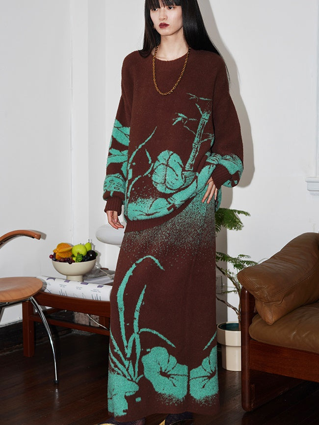 Lose Blume Jacquard Strickpullover & Rock