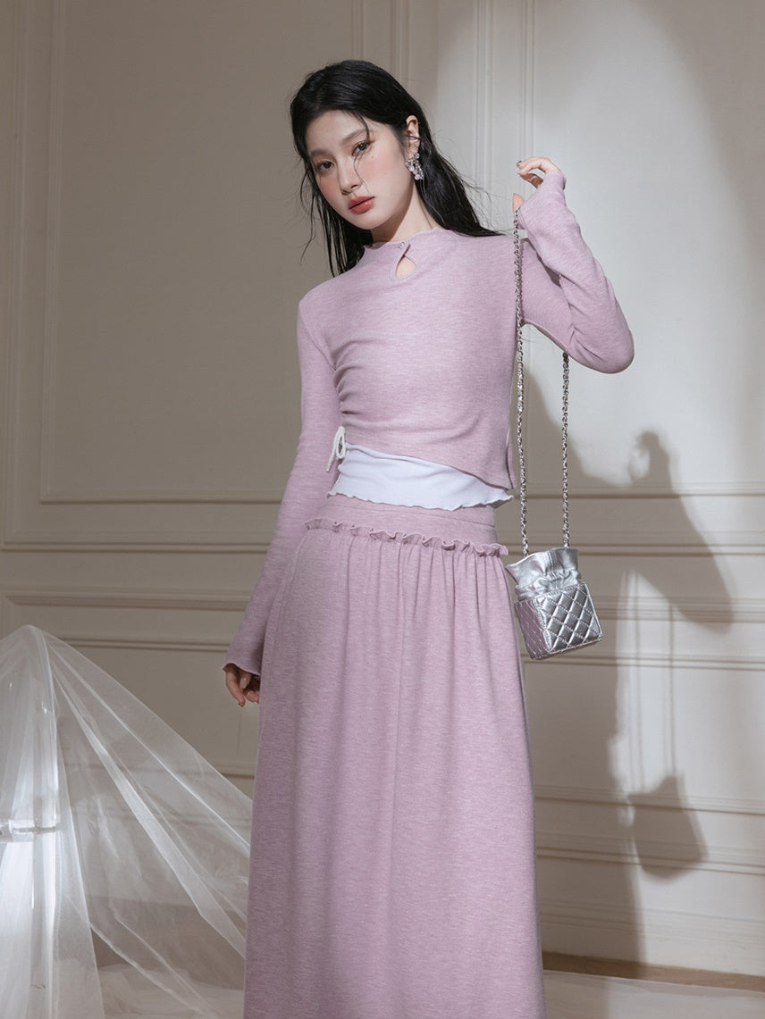 Layered Design Knitted Smocked Top & Skirt Set-up