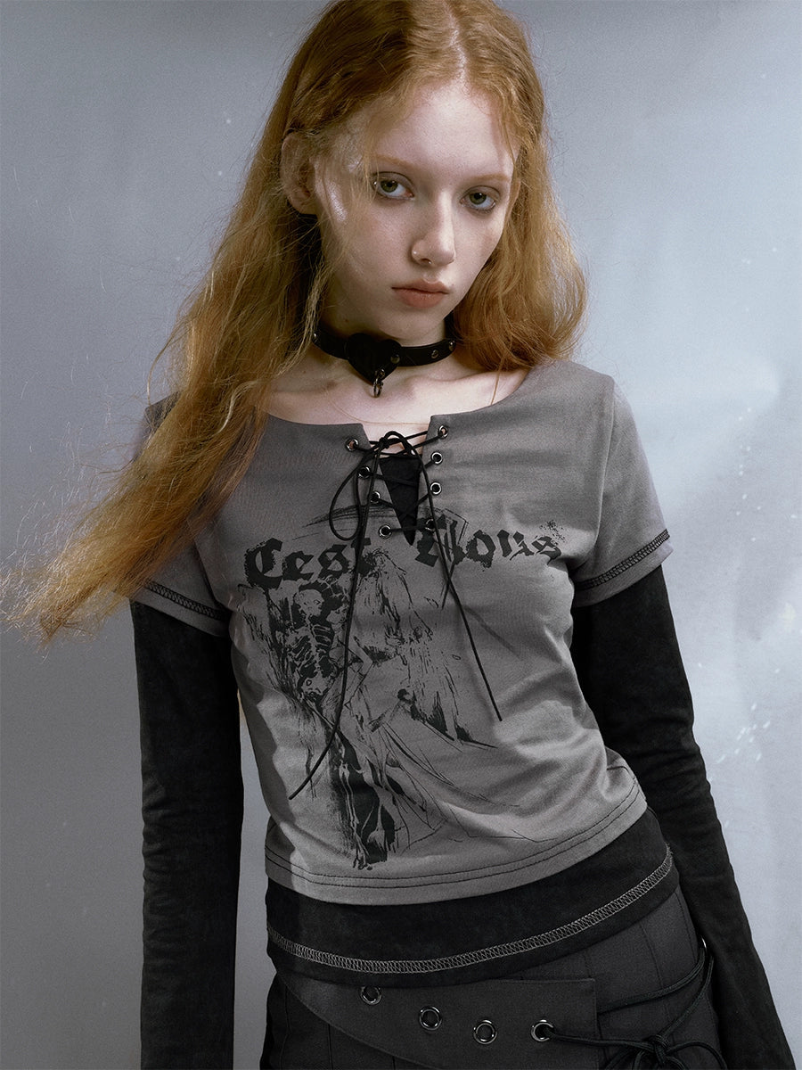 Fake 2Piece Lace-up Print Long T-Shirt