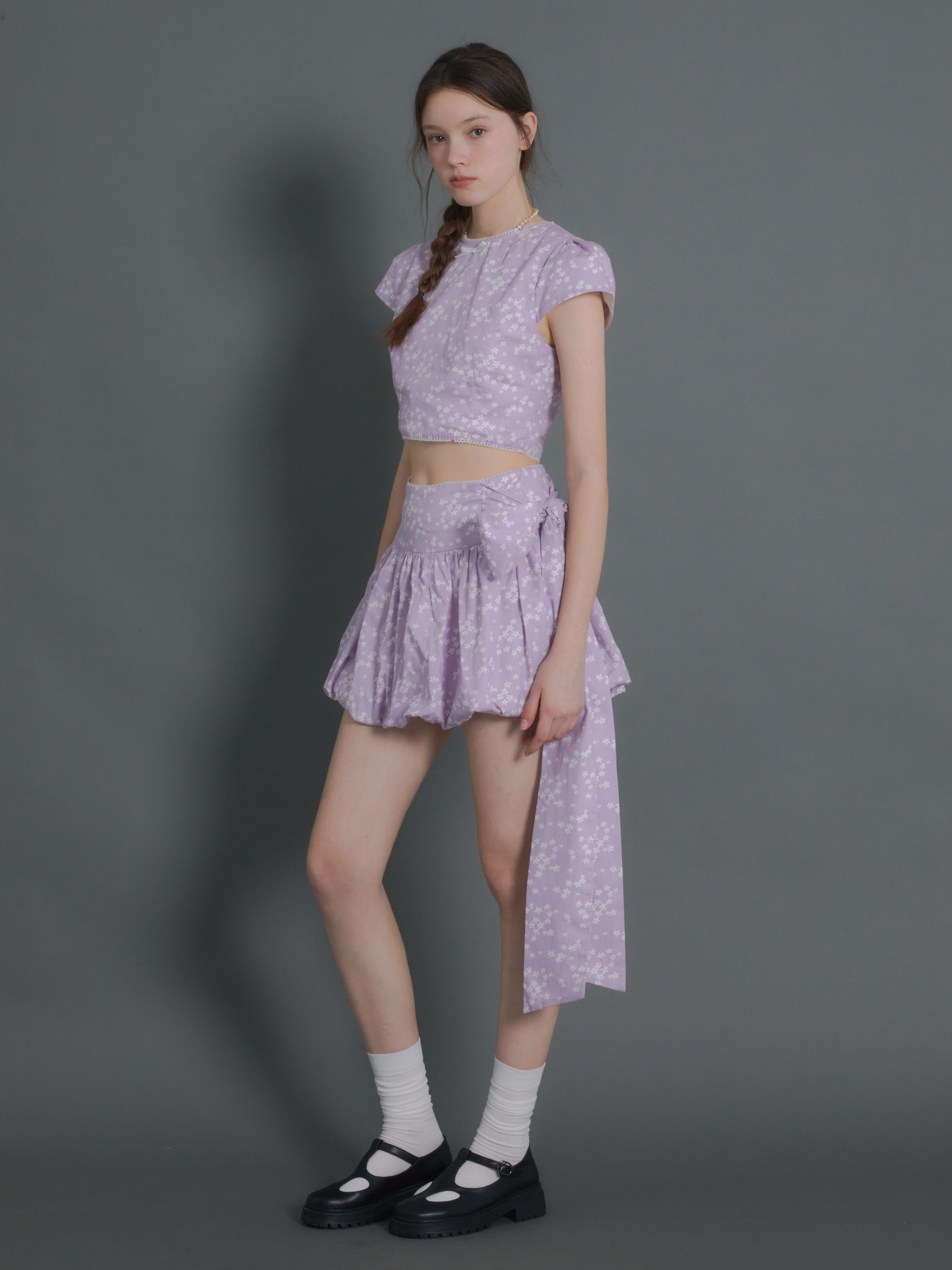 Floral Short Sleeve Cropped Top & Ribbon Bud Skirt