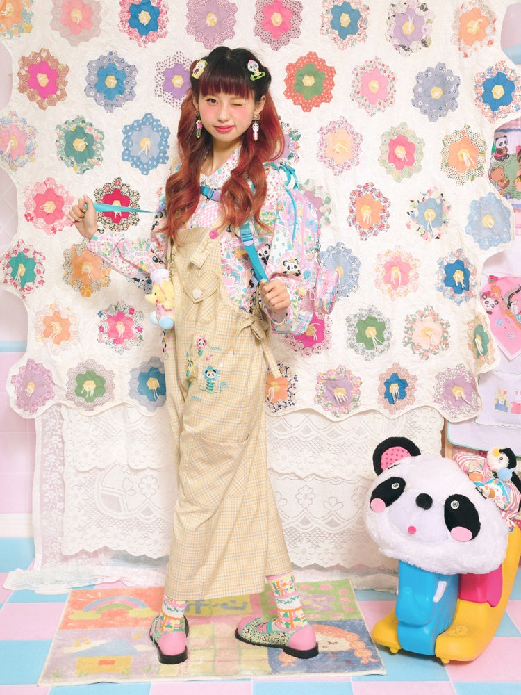 격자 무늬 팬더 자수 느슨한 바지