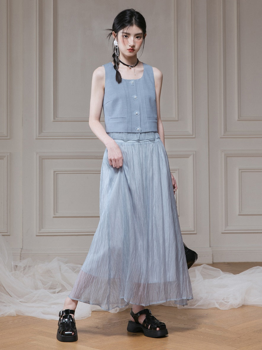 Frill Stitch U-neck Vest & Gauze Long Skirt Set-up