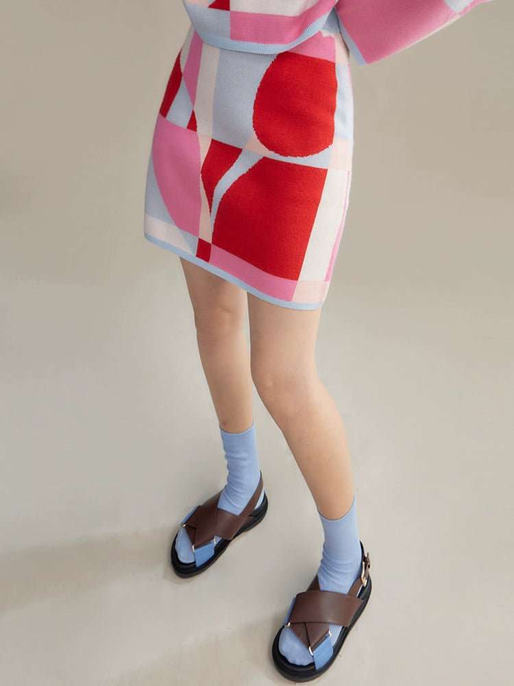 Mosaic Plaid Tulip Stole& Handbag & Knitted Sweater & Skirt