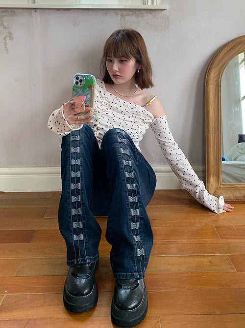 Niche Retro Washed Bow Jeans