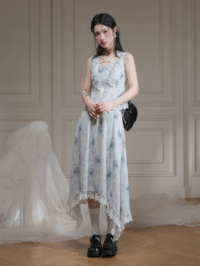 Rose Ink Printed Lace Sleeveless Top & Irregular Hem Skirt Set-up