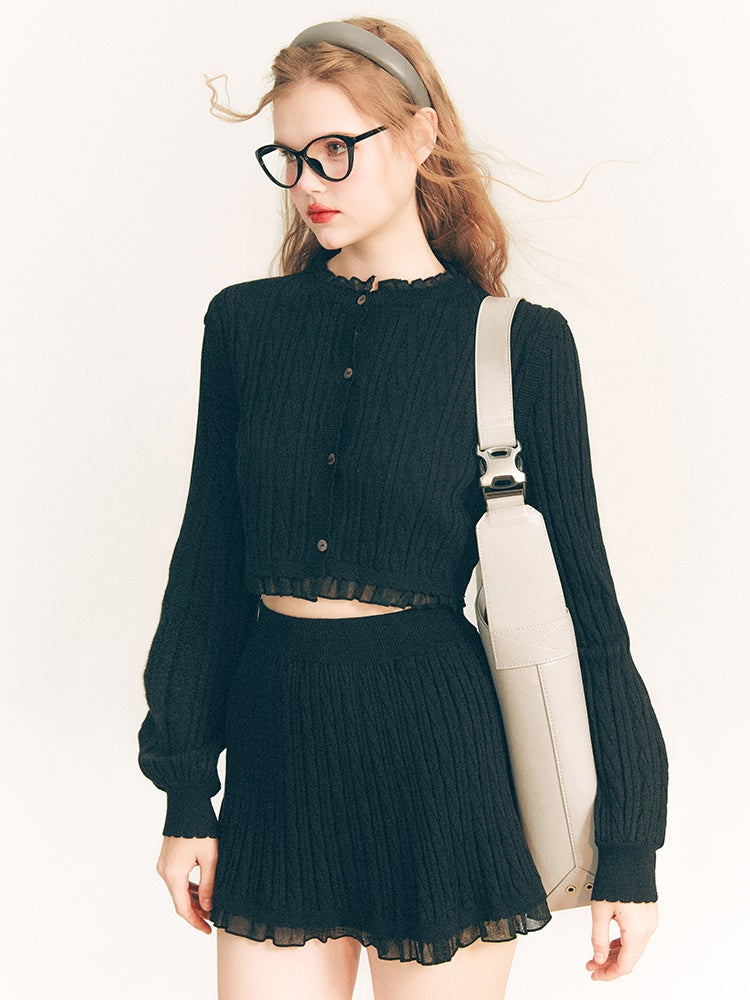 레이스 트리밍 케이블 니트 가디건 & 스커트