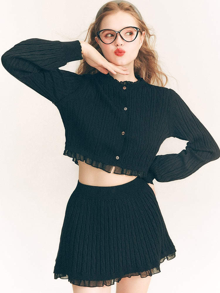 레이스 트리밍 케이블 니트 가디건 & 스커트