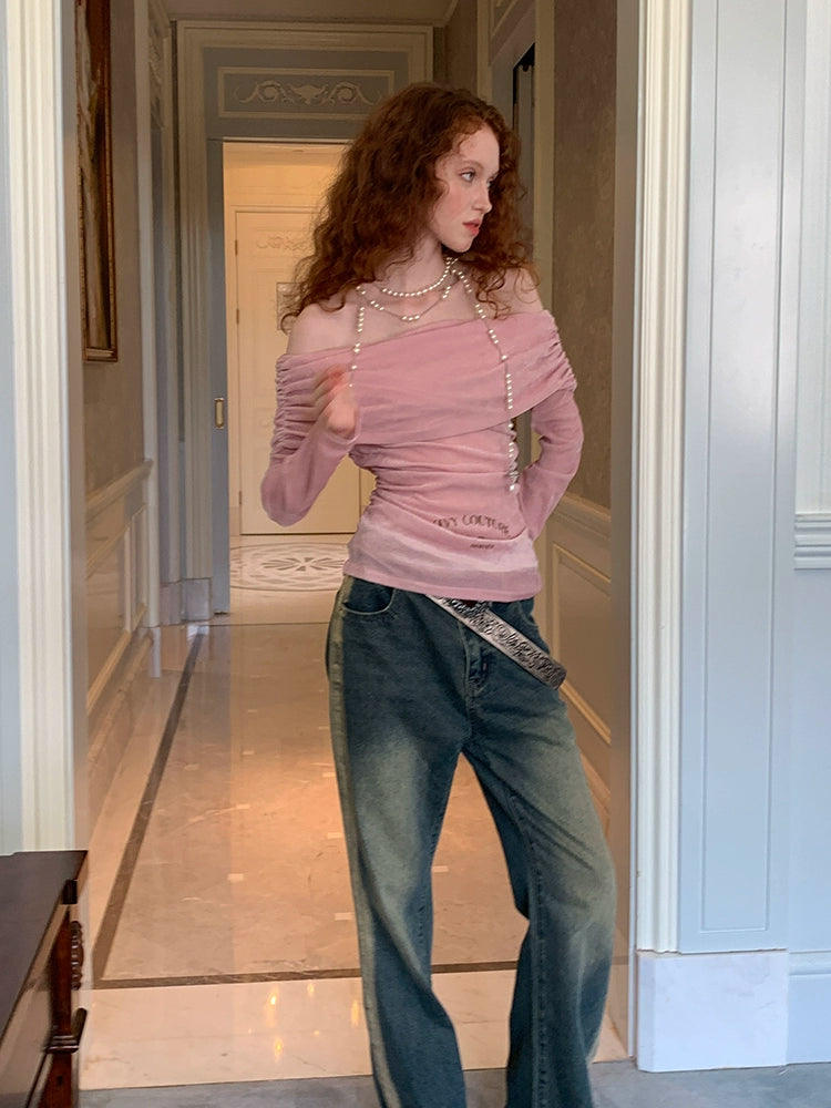 원라인 칼라 벨벳 프린트 스트레치 보텀 셔츠