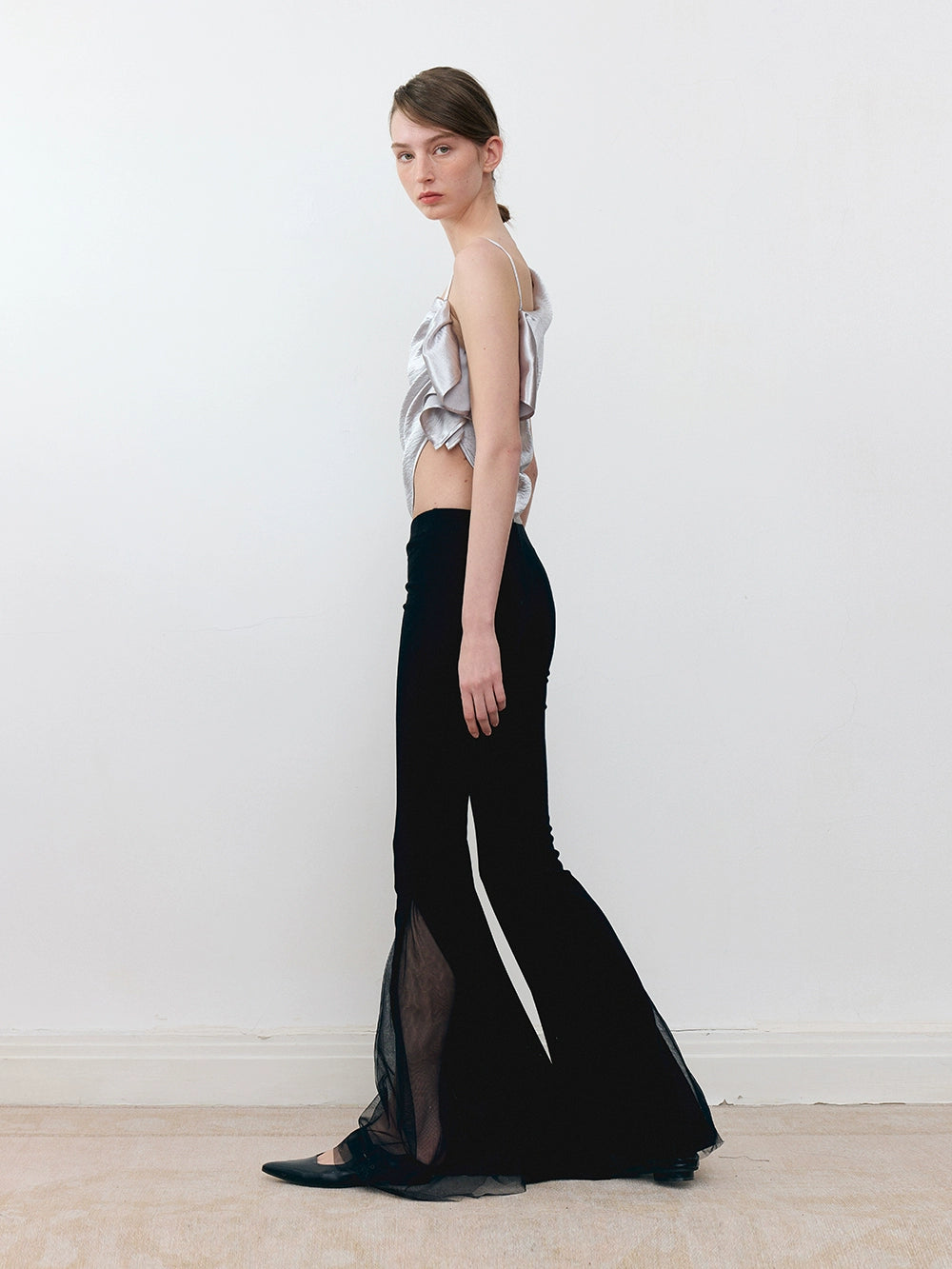 Knitted Patchwork Mesh Slim Fit Stretch Flared Pants